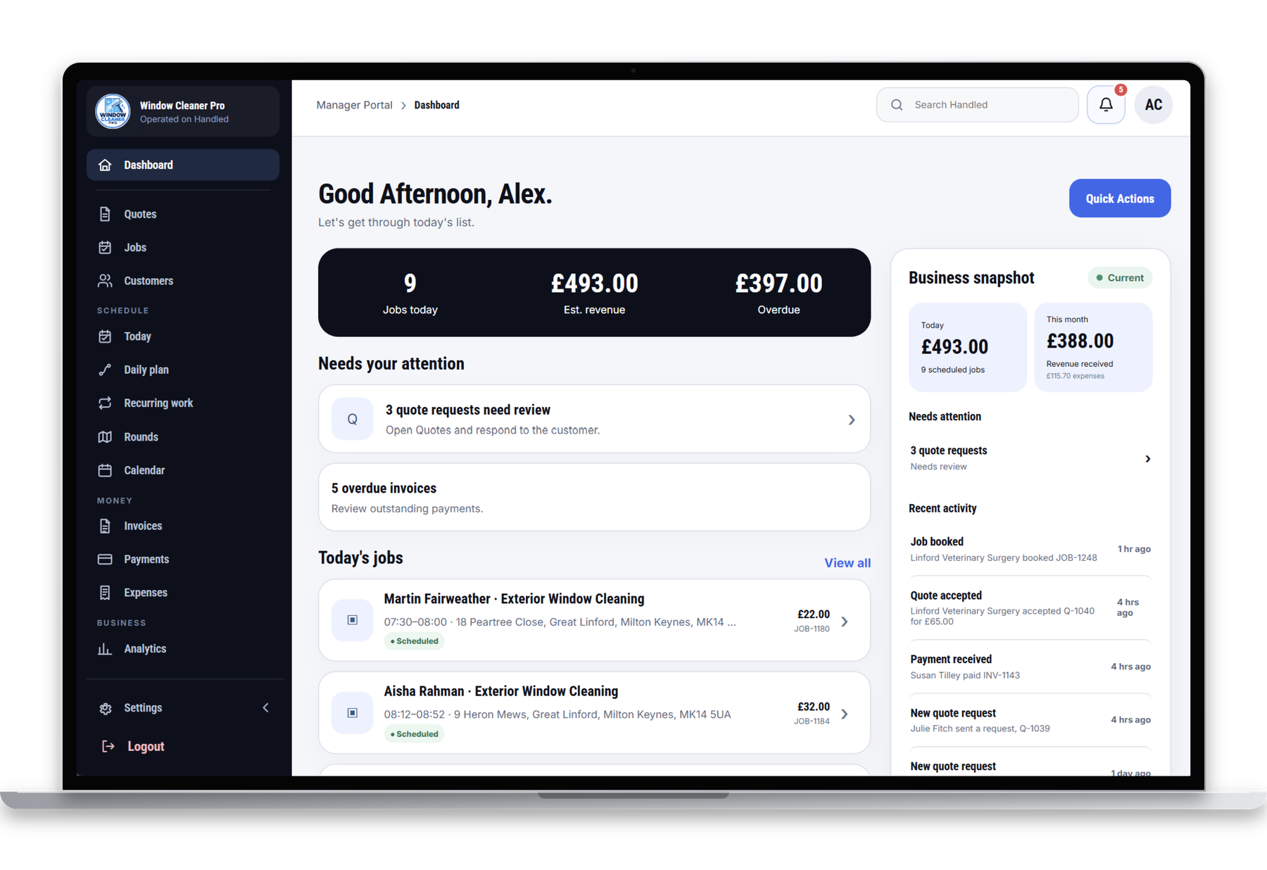 Handled manager dashboard